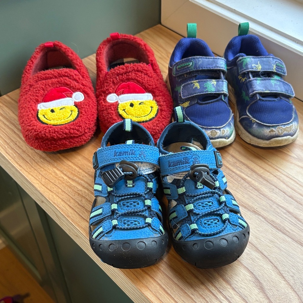 Shoe lot: Kamik Blue and Black sandals and Kids Slippers
